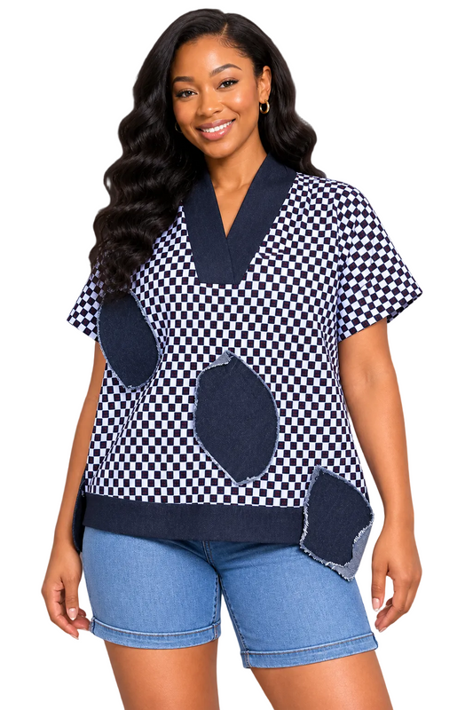 Navy White Checkered V-Neck Top