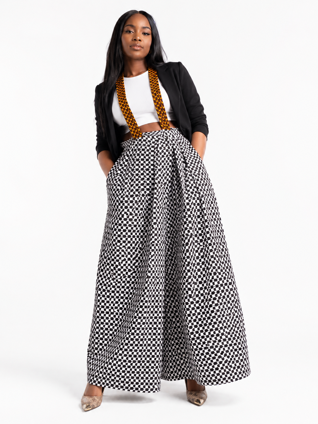 African Print Checkerboard Wide-Leg Pants