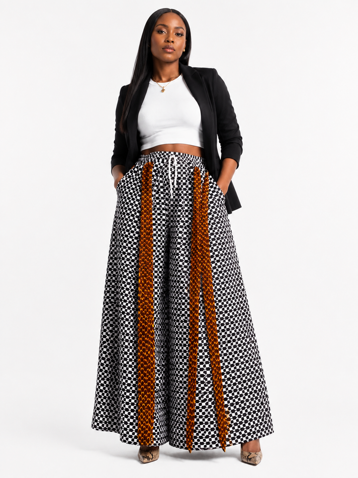 African Print Checkerboard Wide-Leg Pants