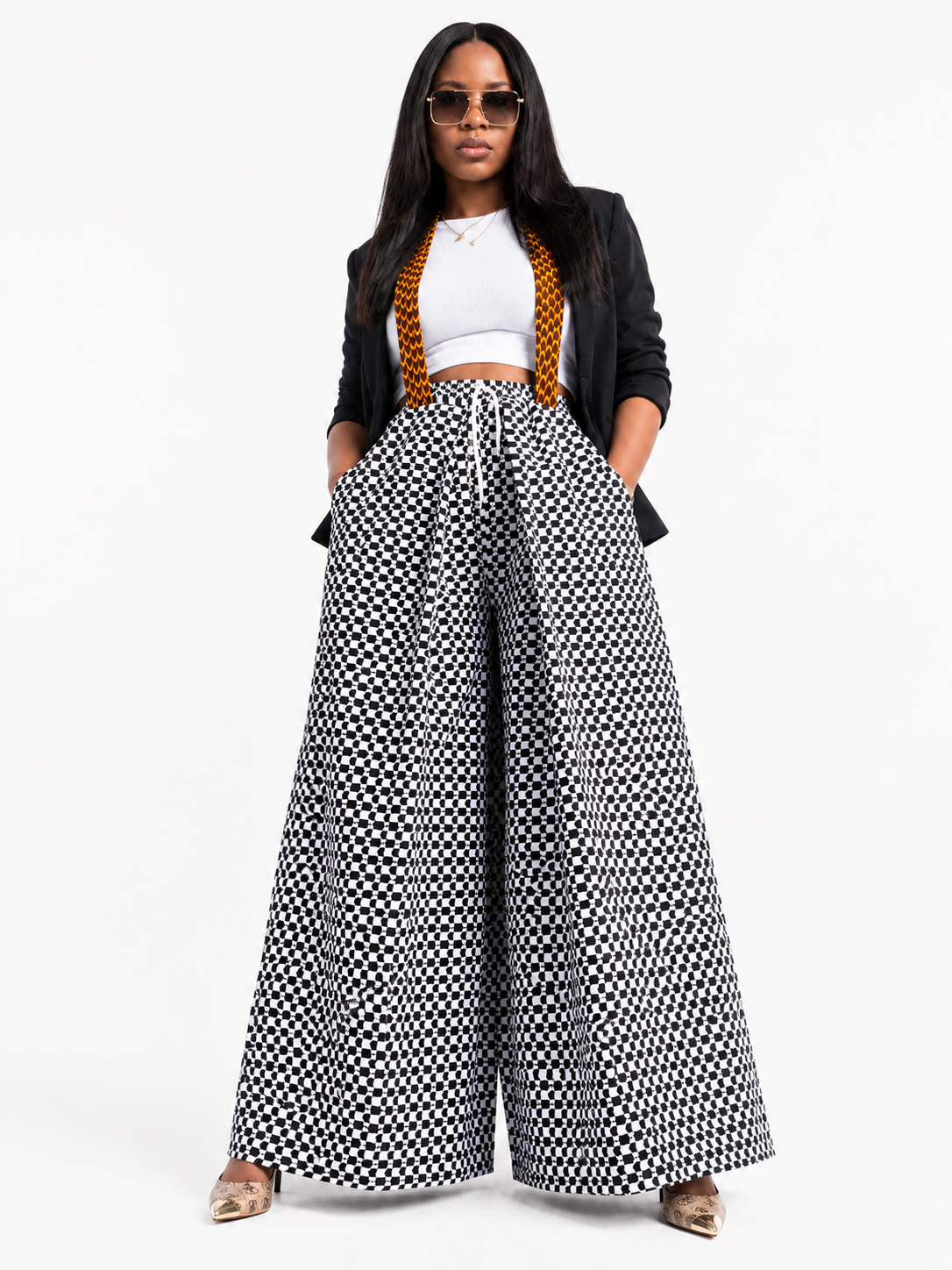 African Print Checkerboard Wide-Leg Pants