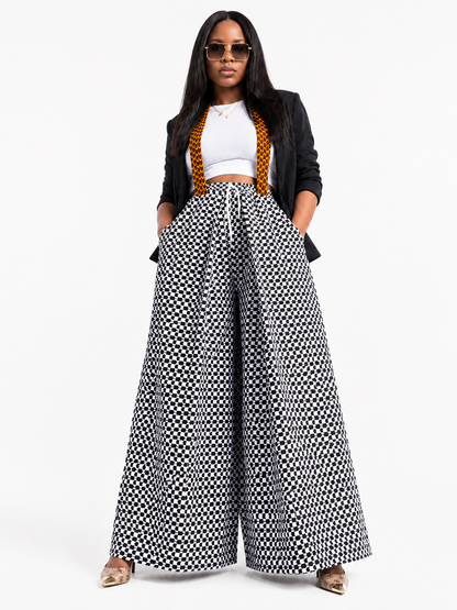 African Print Checkerboard Wide-Leg Pants