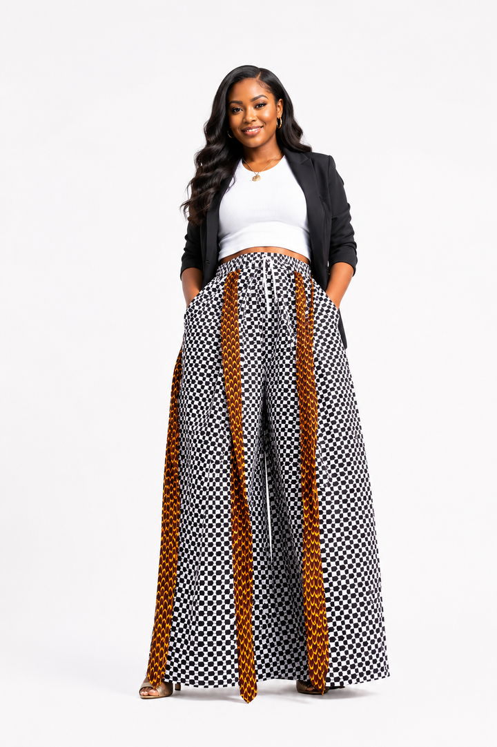 African Print Checkerboard Wide-Leg Pants