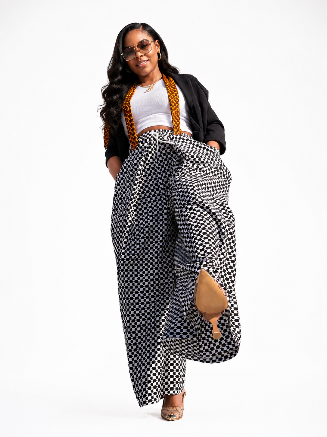 African Print Checkerboard Wide-Leg Pants