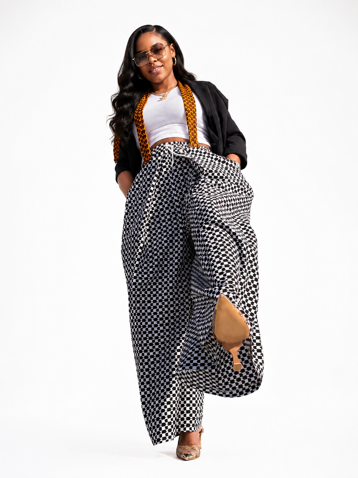 African Print Checkerboard Wide-Leg Pants