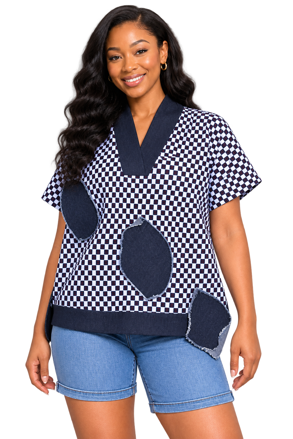 Navy White Checkered V-Neck Top