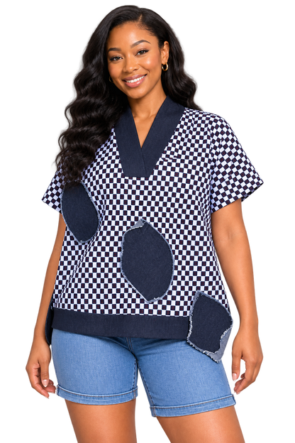 Navy White Checkered V-Neck Top